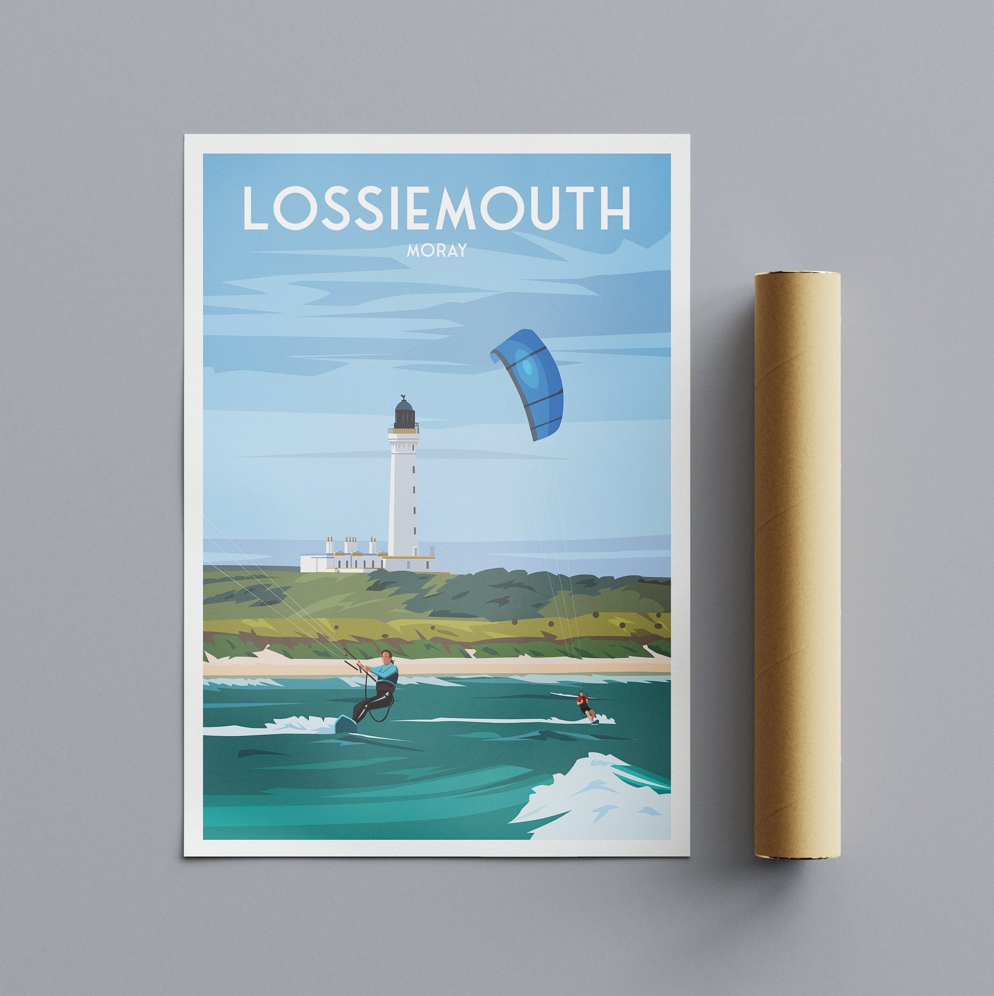 Lossiemouth Print - Moray Firth - Kite Surfing - Scotland - Travel Poster - #Covesea Lighthouse