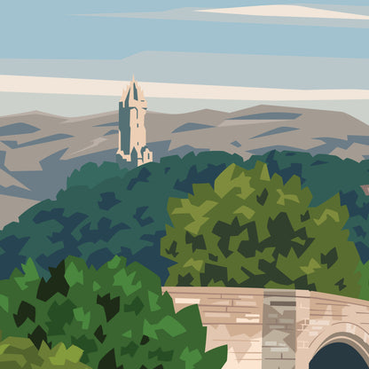 Stirling Travel Poster - Wallace Monument - Old Bridge - Scotland Print