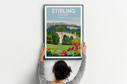 Stirling Travel Poster - Wallace Monument - Old Bridge - Scotland Print