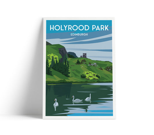 Holyrood Park, Edinburgh Travel Poster - Swans on St. Margaret's Loch - St Anthony's Chapel Ruin - Arthur's Seat - #scotland Gift