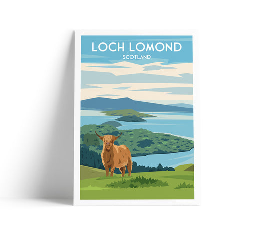 Loch Lomond Print - Highland Cow - Scottish Travel Poster - Conic Hill - West Highland Way