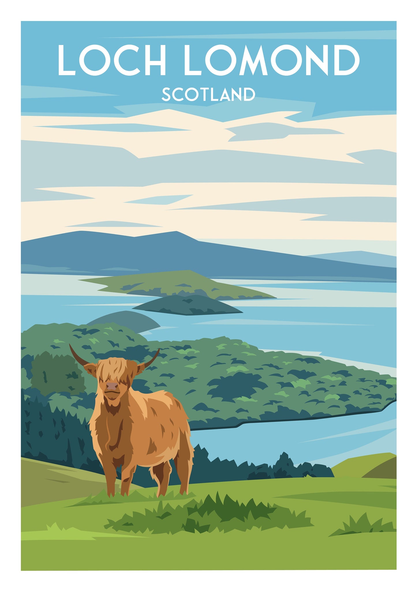 Loch Lomond Print - Highland Cow - Scottish Travel Poster - Conic Hill - West Highland Way