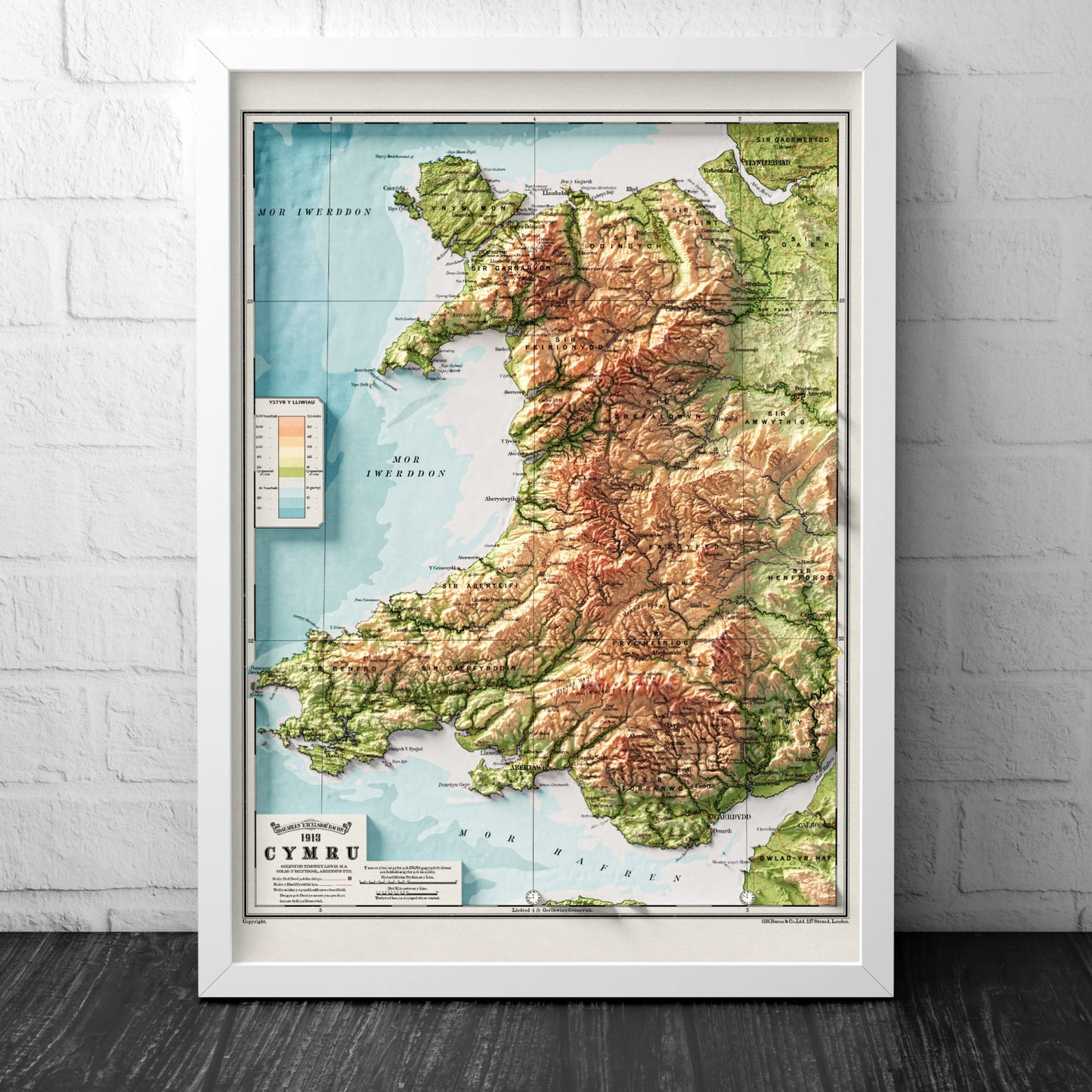 Wales Map - Cymru Elevation Map - 1913 - 2D Welsh Vintage Poster - 3D effect shaded relief Print