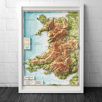 Wales Map - Cymru Elevation Map - 1913 - 2D Welsh Vintage Poster - 3D effect shaded relief Print