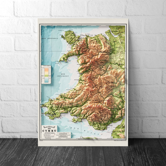 Wales Map - Cymru Elevation Map - 1913 - 2D Welsh Vintage Poster - 3D effect shaded relief Print