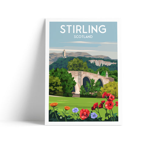 Stirling Travel Poster - Wallace Monument - Old Bridge - Scotland Print
