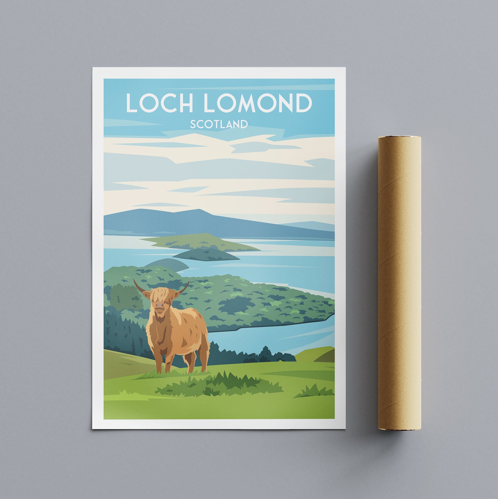 Loch Lomond Print - Highland Cow - Scottish Travel Poster - Conic Hill - West Highland Way