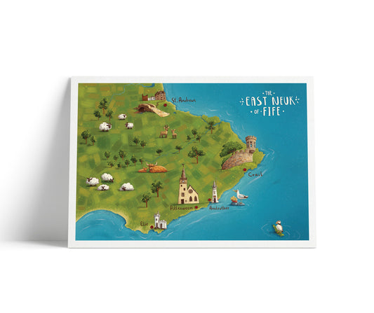 New East Neuk of Fife Illustrated Map | Elie | Pittenweem | Anstruther | Crail | St Andrews | Isle of May | Whimsical Print