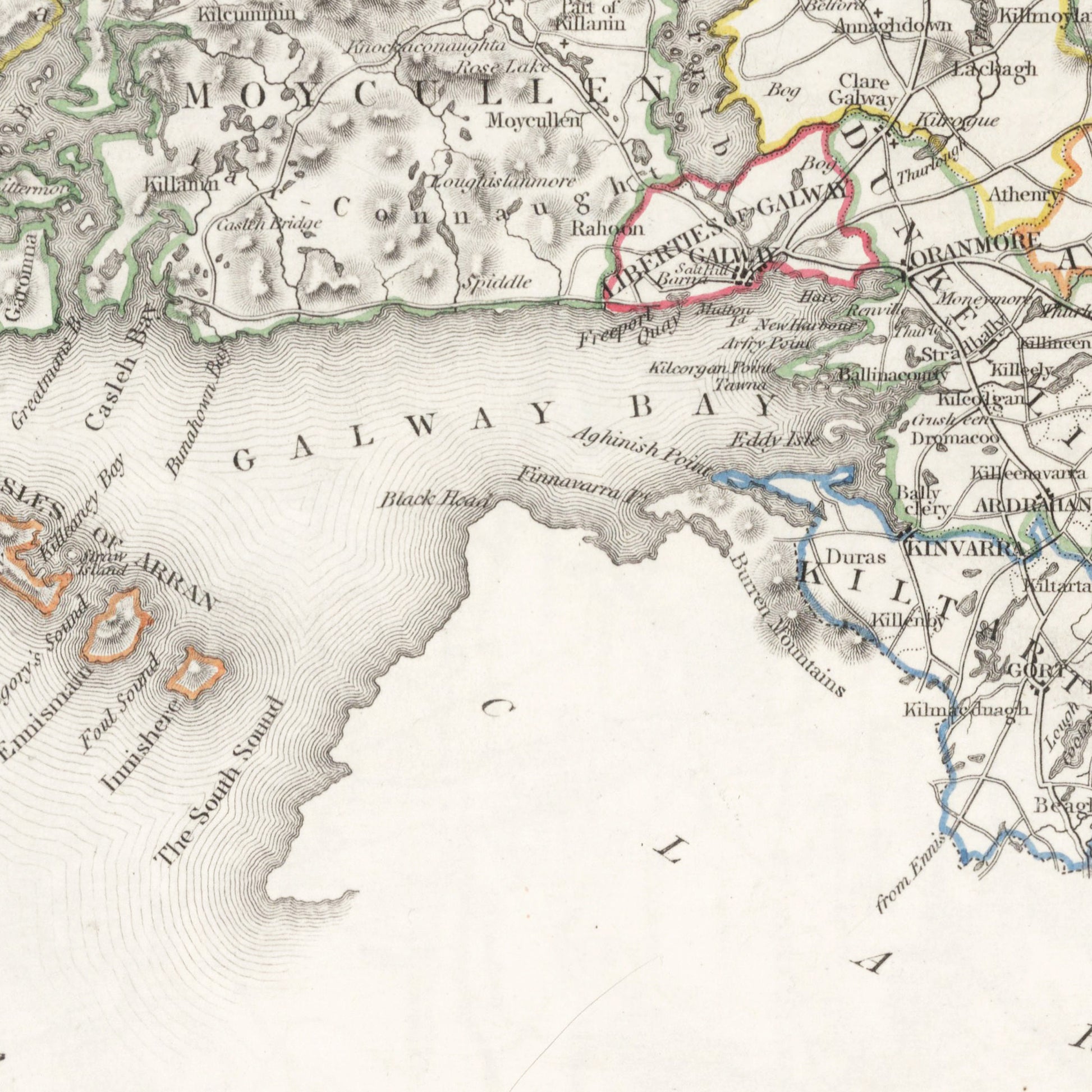 Galway County Map, Old Vintage Irish Print - Ballinahinch - Dunmore - Moycullen - Clare - Kiltartan- Longford - Athenry - Tuam