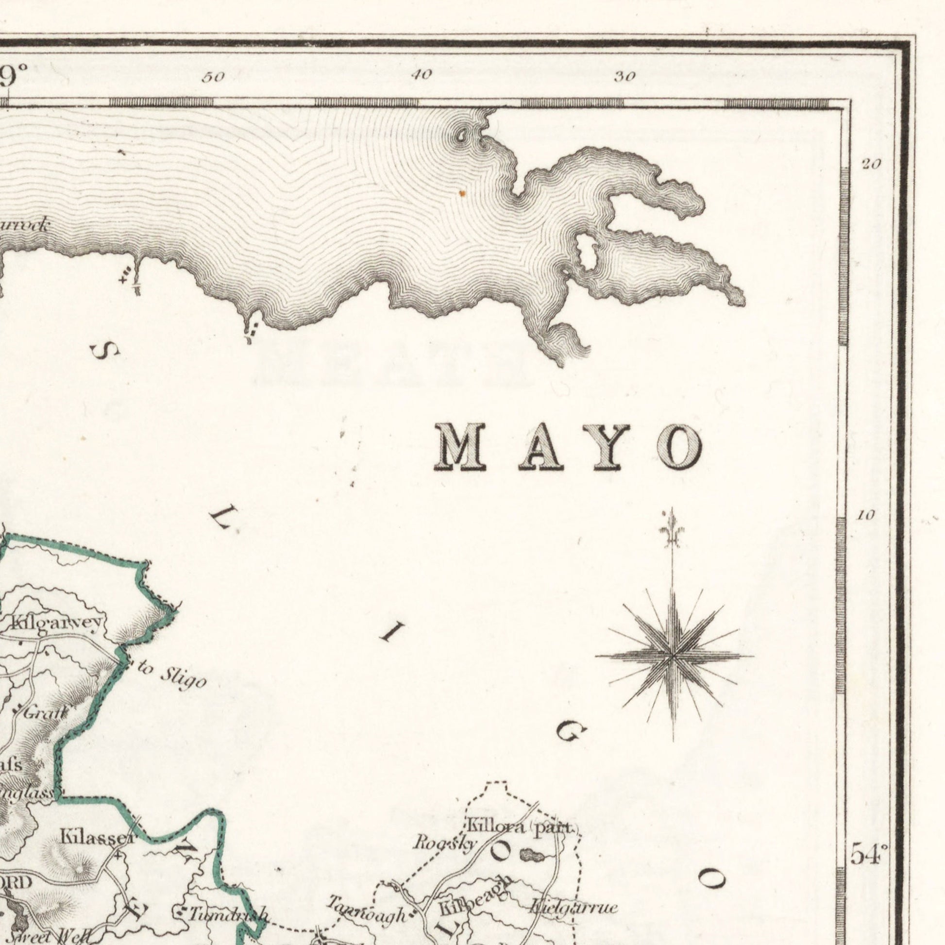 County Mayo Map - Ireland 1846 - Hollymount - Ballinrobe - Murrisk - Achill island - Clare Island - Ballina - Castlebar