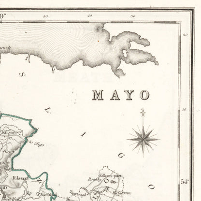 County Mayo Map - Ireland 1846 - Hollymount - Ballinrobe - Murrisk - Achill island - Clare Island - Ballina - Castlebar