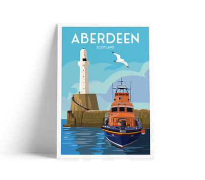 Aberdeen Print - south breakwater lighthouse - Scotland - travel poster