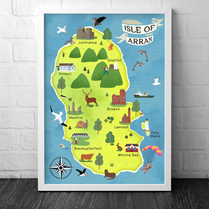 Isle of Arran Map | Pictorial Poster | Ayrshire | Lochranza | Brodick | Goatfell | Blackwaterfoot | Castles | Wildlife