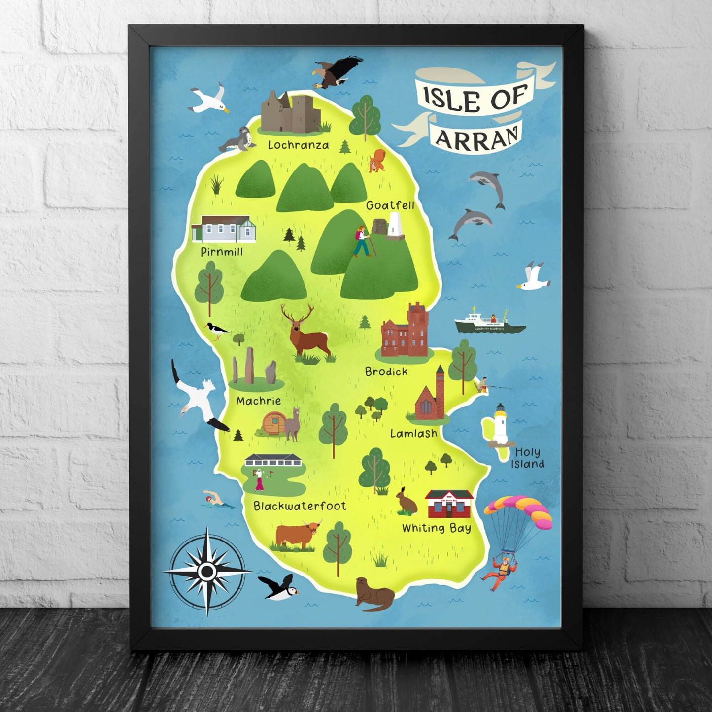 Isle of Arran Map | Pictorial Poster | Ayrshire | Lochranza | Brodick | Goatfell | Blackwaterfoot | Castles | Wildlife