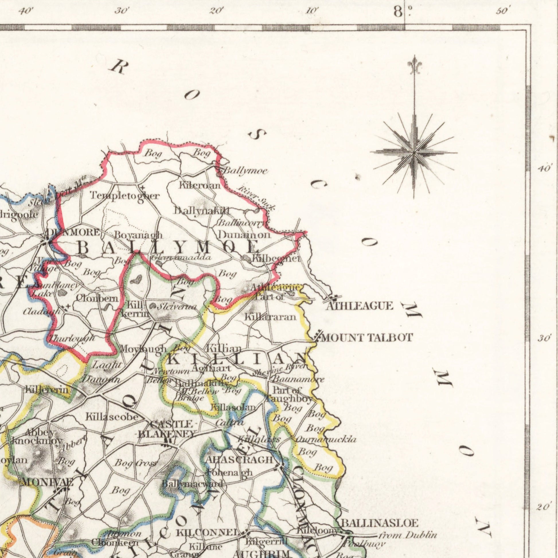 Galway County Map, Old Vintage Irish Print - Ballinahinch - Dunmore - Moycullen - Clare - Kiltartan- Longford - Athenry - Tuam