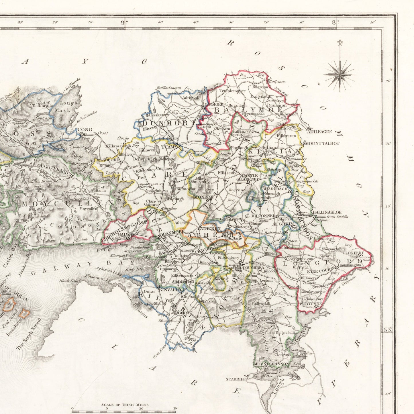 Galway County Map, Old Vintage Irish Print - Ballinahinch - Dunmore - Moycullen - Clare - Kiltartan- Longford - Athenry - Tuam