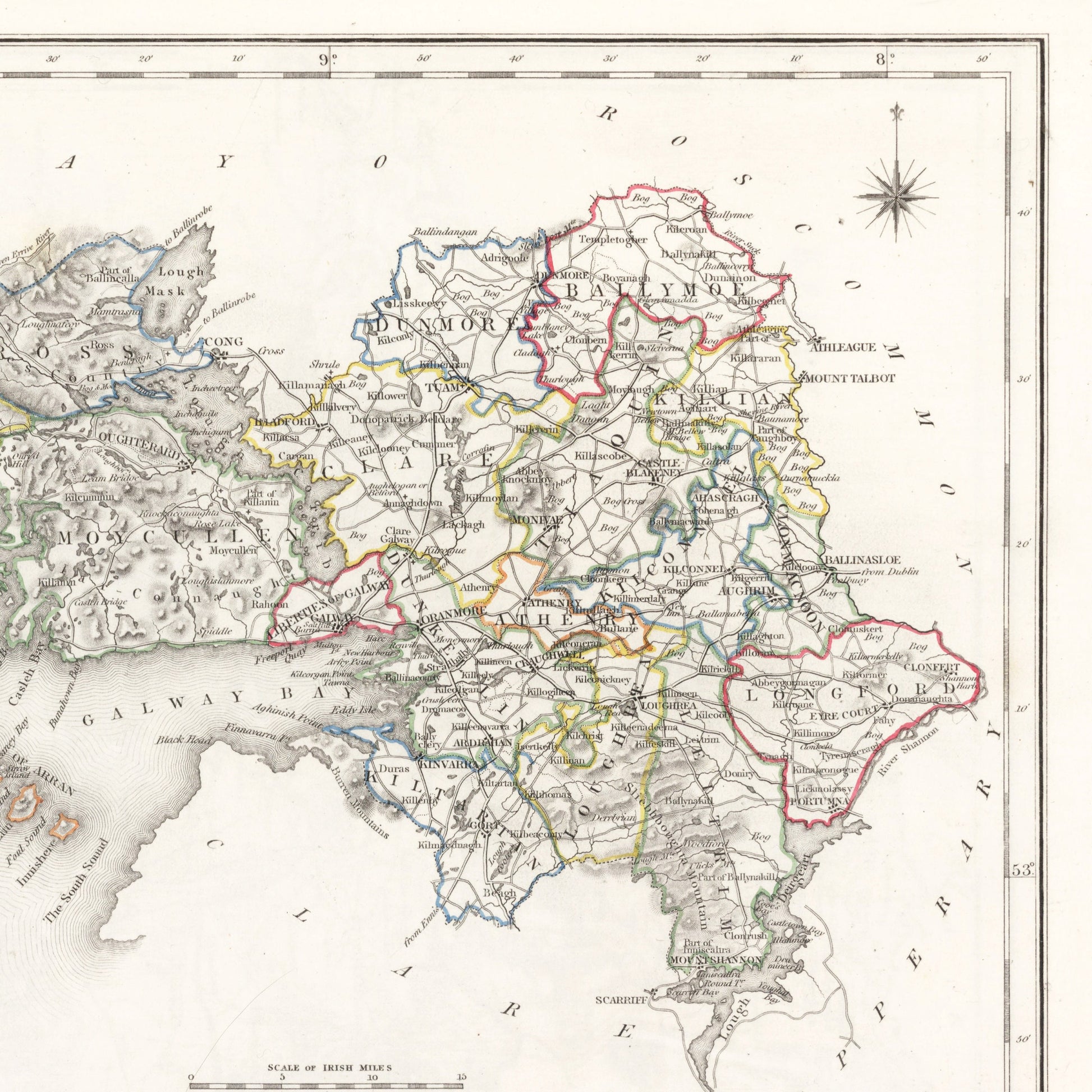 Galway County Map, Old Vintage Irish Print - Ballinahinch - Dunmore - Moycullen - Clare - Kiltartan- Longford - Athenry - Tuam
