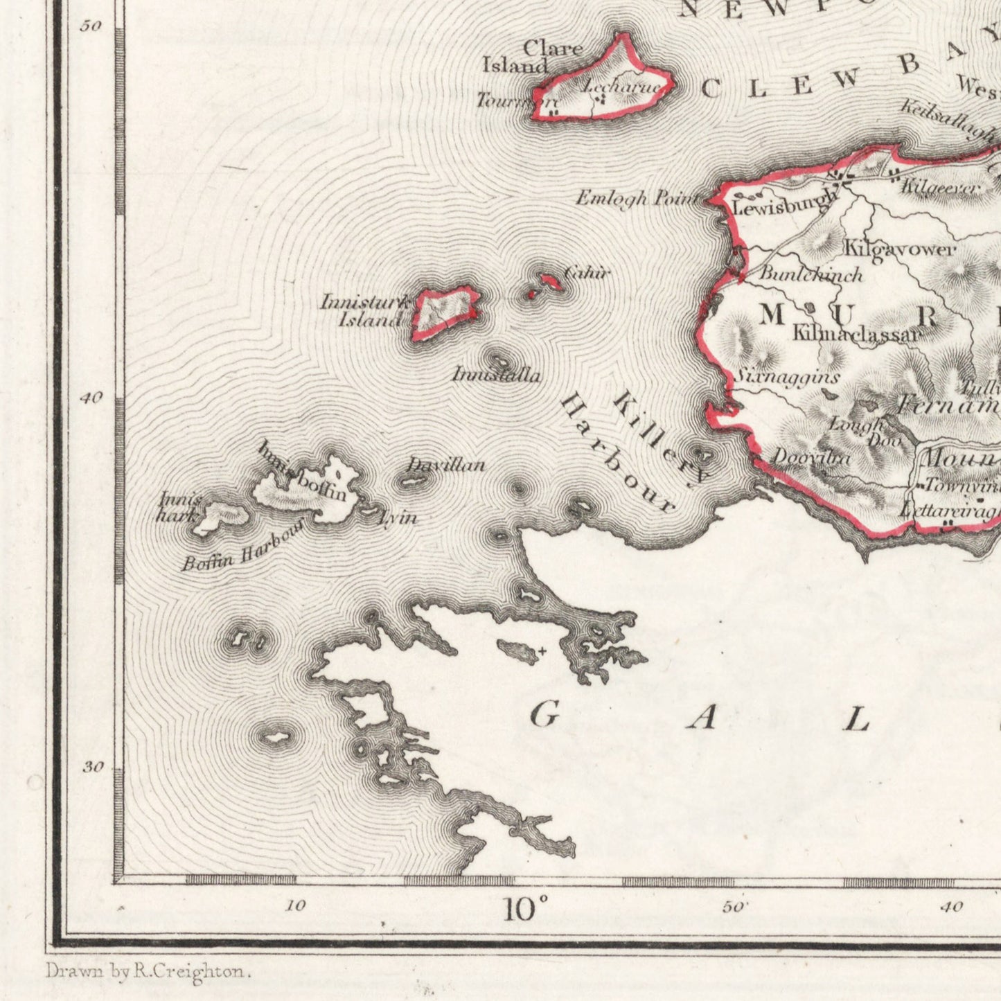 County Mayo Map - Ireland 1846 - Hollymount - Ballinrobe - Murrisk - Achill island - Clare Island - Ballina - Castlebar