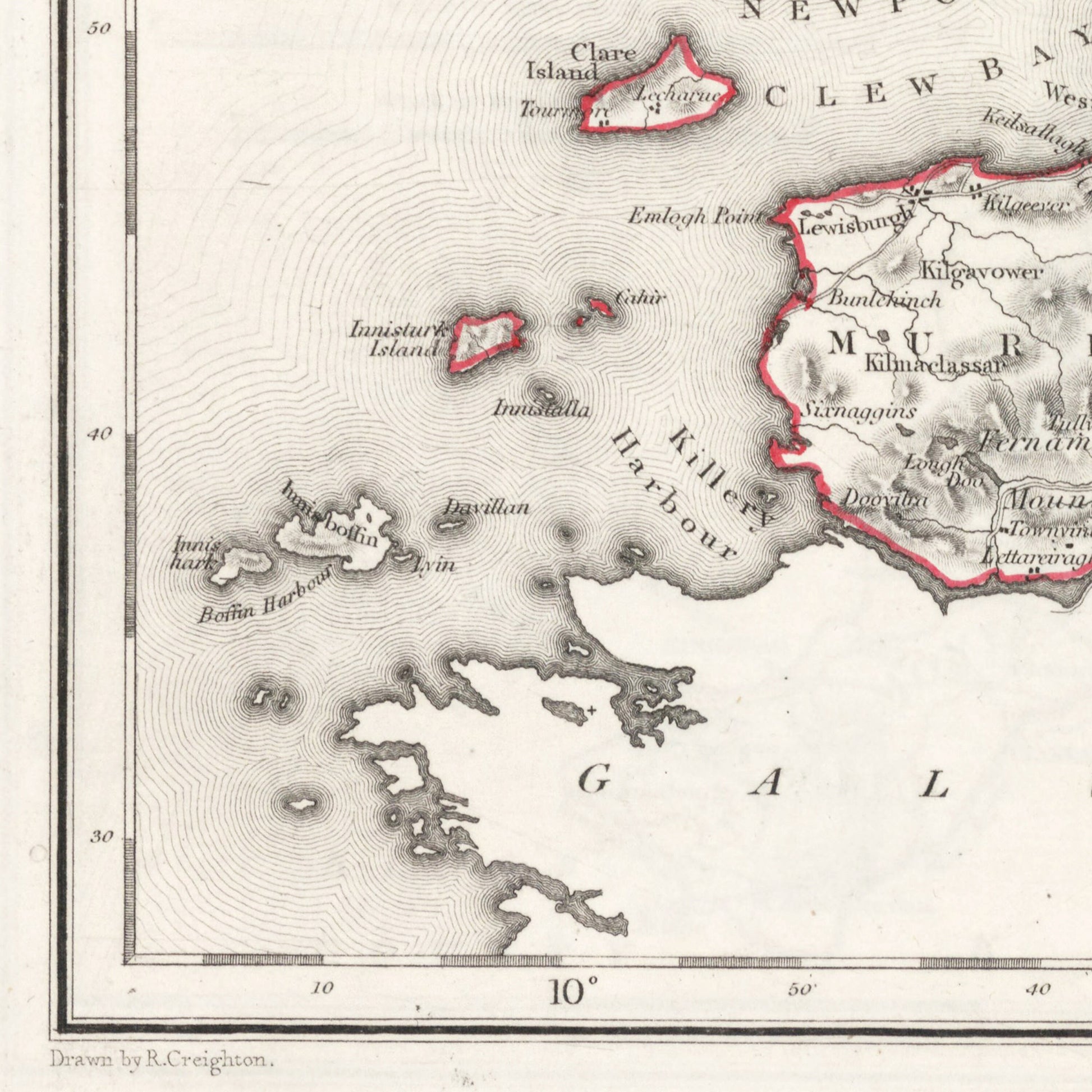 County Mayo Map - Ireland 1846 - Hollymount - Ballinrobe - Murrisk - Achill island - Clare Island - Ballina - Castlebar