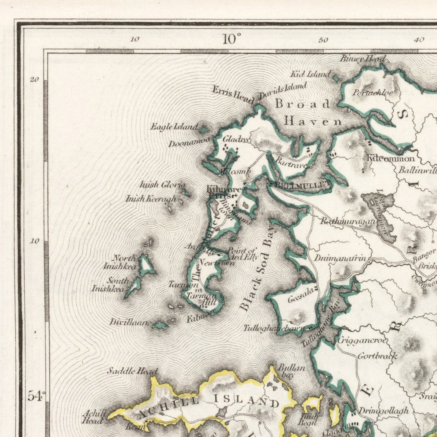 County Mayo Map - Ireland 1846 - Hollymount - Ballinrobe - Murrisk - Achill island - Clare Island - Ballina - Castlebar