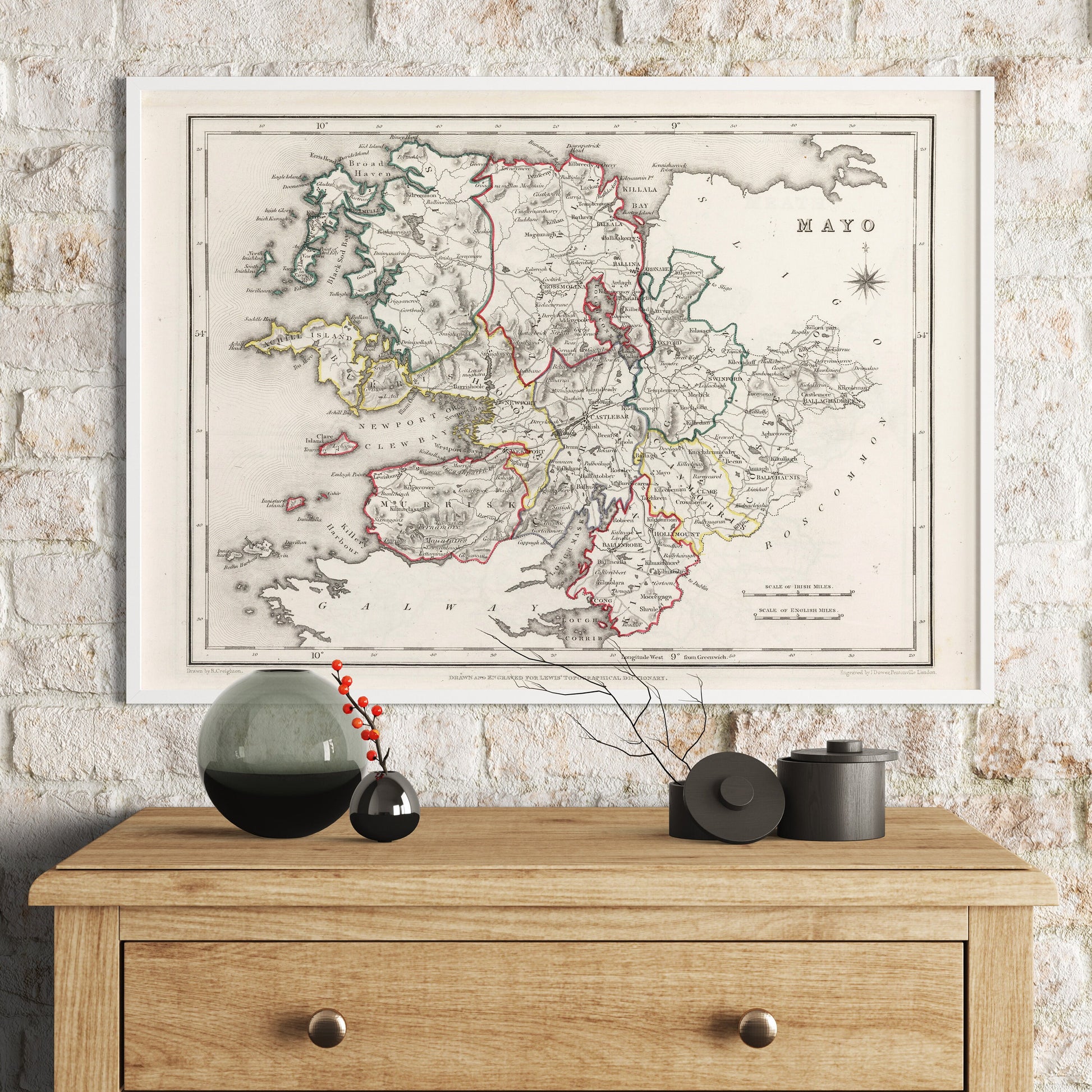 County Mayo Map - Ireland 1846 - Hollymount - Ballinrobe - Murrisk - Achill island - Clare Island - Ballina - Castlebar
