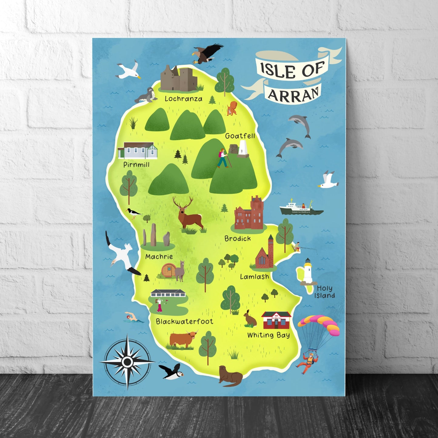 Isle of Arran Map | Pictorial Poster | Ayrshire | Lochranza | Brodick | Goatfell | Blackwaterfoot | Castles | Wildlife