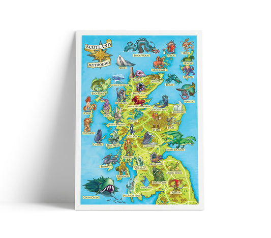 Illustrated Map of Scottish Mythology - Featuring Mythical Beasts and Legends - Scotland Folklore - Cryptozoology - Cryptids