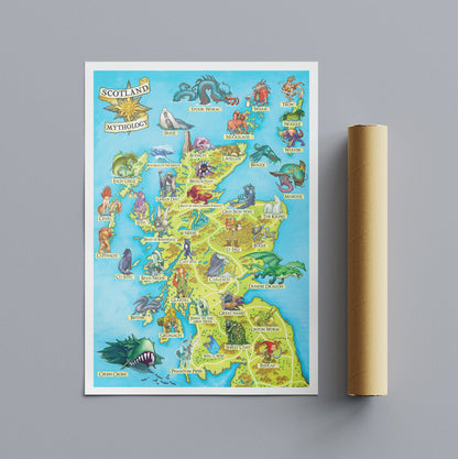 Illustrated Map of Scottish Mythology - Featuring Mythical Beasts and Legends - Scotland Folklore - Cryptozoology - Cryptids