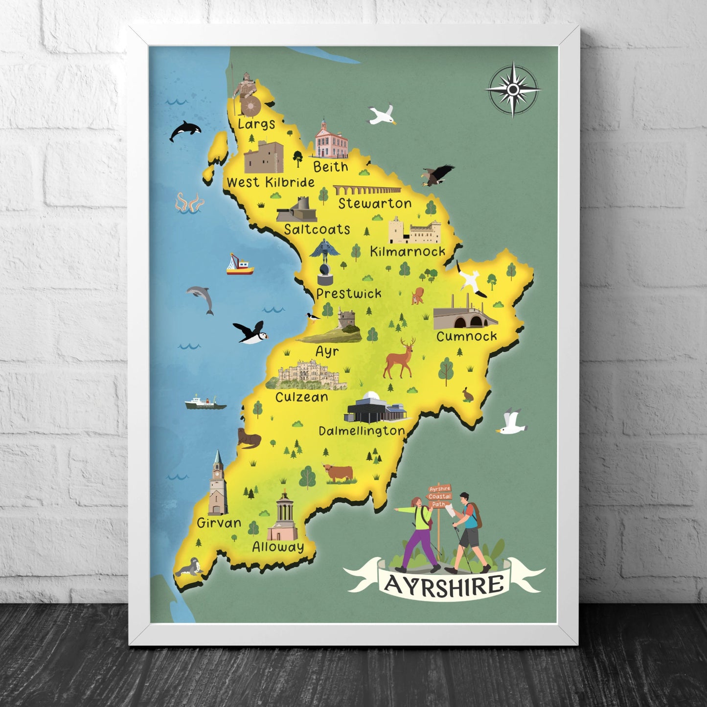 Ayrshire Map | Pictorial Poster | Ayr | Saltcoats | Prestwick | Girvan | Largs | Beith | Kilmarnock | Calmellington | Alloway | Cumnock