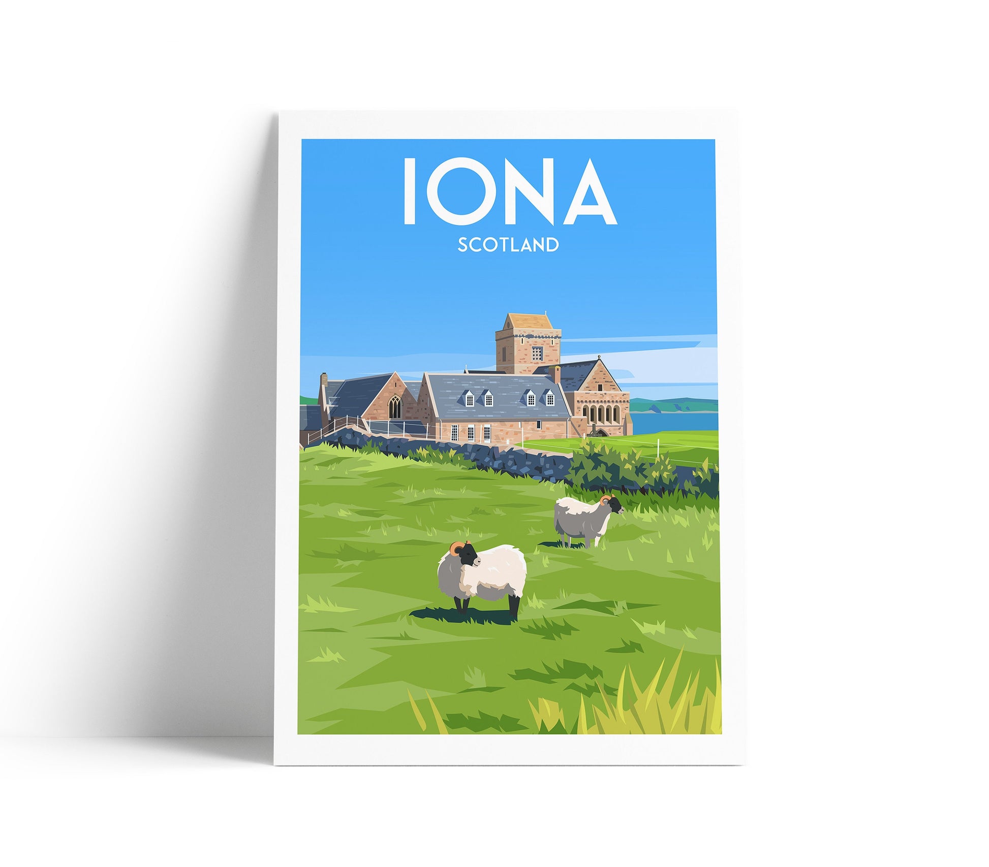 Isle of Iona Travel Poster - Abbey and Nunnery - Sheep - Scotland