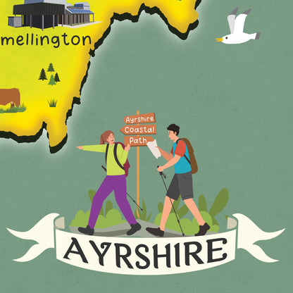 Ayrshire Map | Pictorial Poster | Ayr | Saltcoats | Prestwick | Girvan | Largs | Beith | Kilmarnock | Calmellington | Alloway | Cumnock