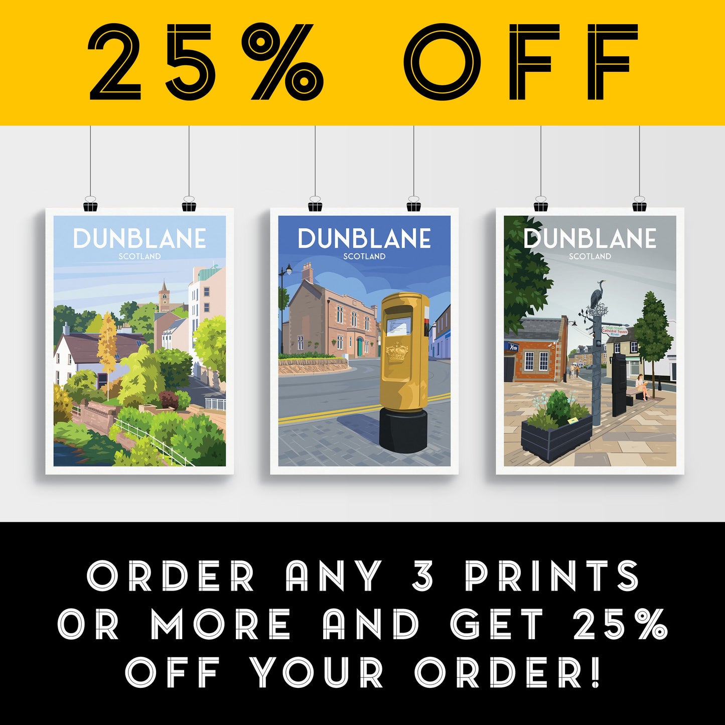 Dunblane Travel Poster - Gold Post Box - Stirlingshire - Scotland - Old Sheriff Court