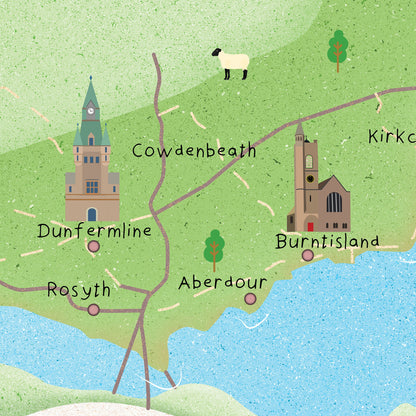 Fife Map | Pictorial Poster | Elie | Culross | Cupar | Falkland | St Andrews | Glenrothes | Crail | Leven | Kirkcaldy | Rosyth | Aberdour