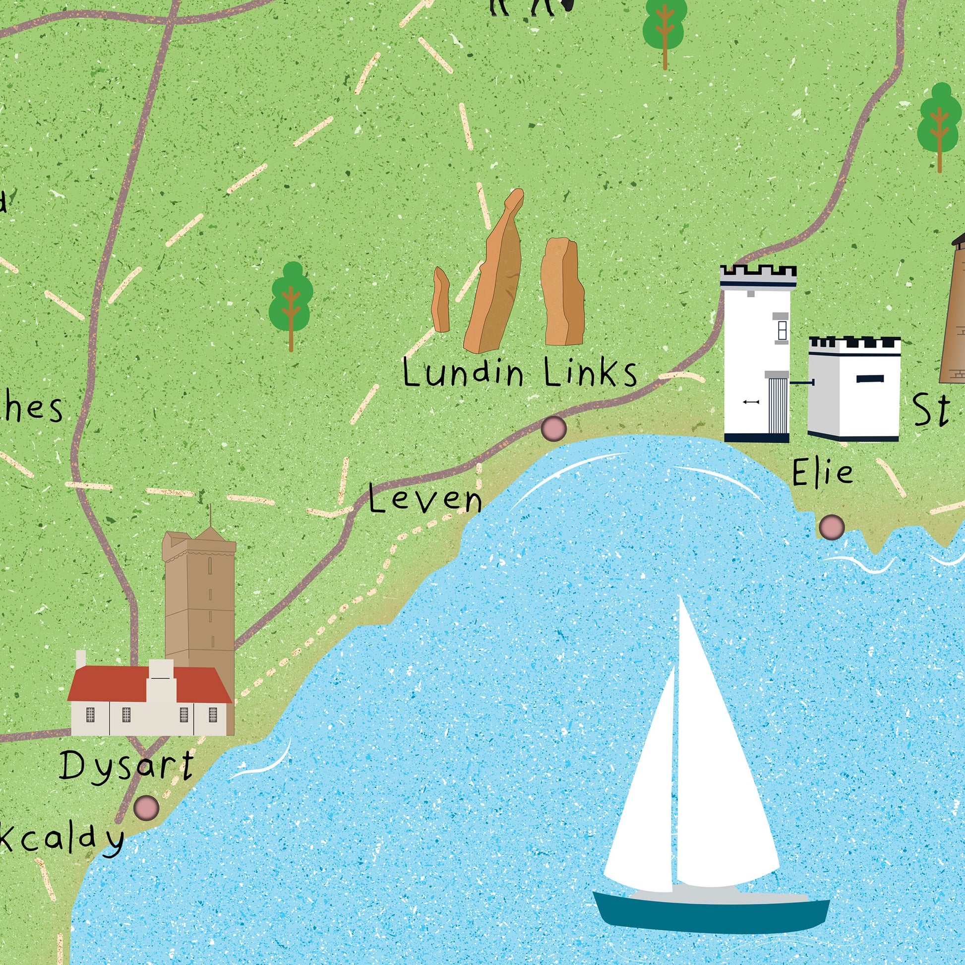 Fife Map | Pictorial Poster | Elie | Culross | Cupar | Falkland | St Andrews | Glenrothes | Crail | Leven | Kirkcaldy | Rosyth | Aberdour