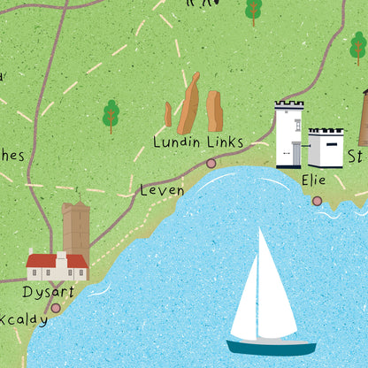 Fife Map | Pictorial Poster | Elie | Culross | Cupar | Falkland | St Andrews | Glenrothes | Crail | Leven | Kirkcaldy | Rosyth | Aberdour