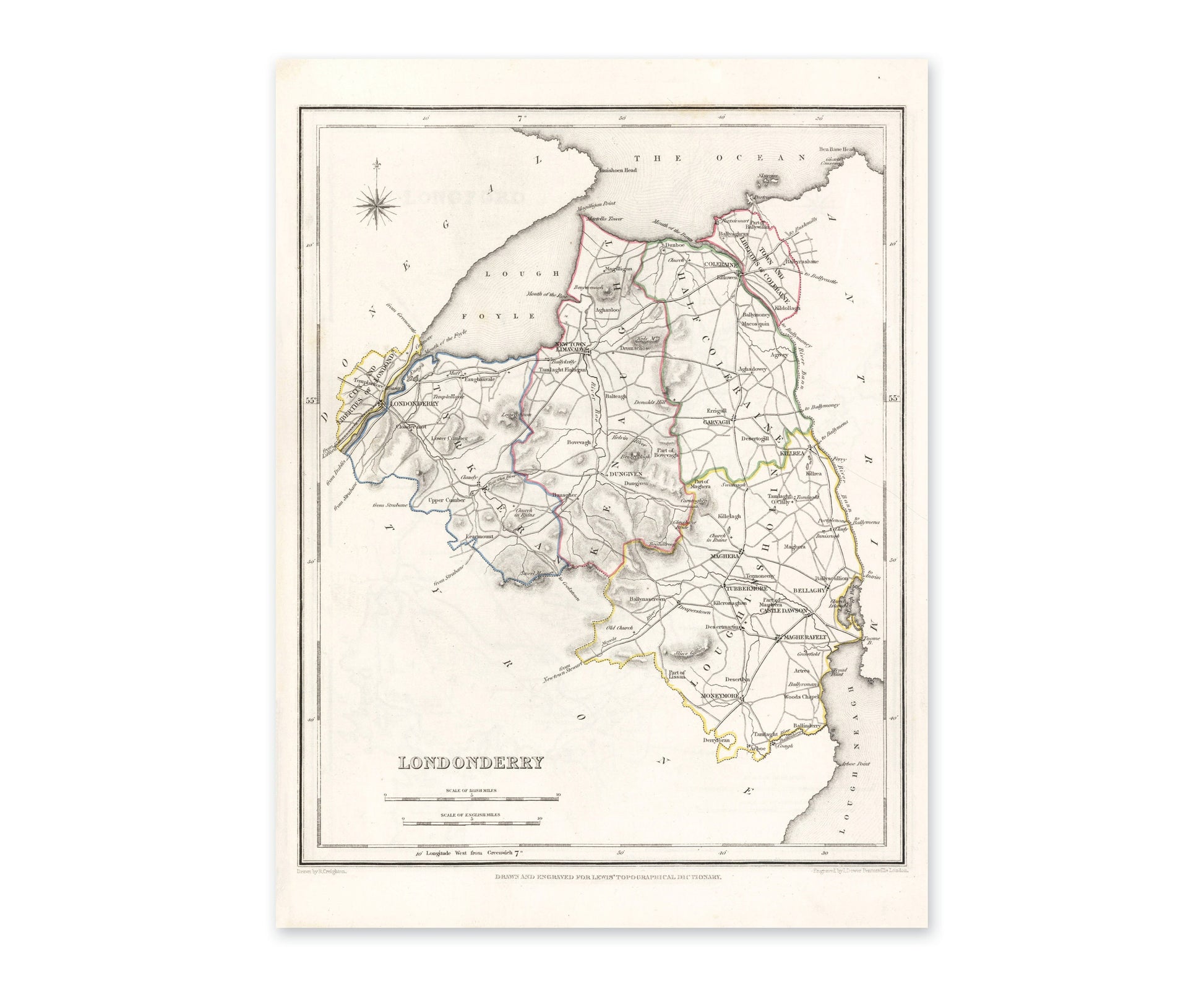 Londonderry Map - Old Antique Reproduction Print of Derry - 1846 - Northern Ireland