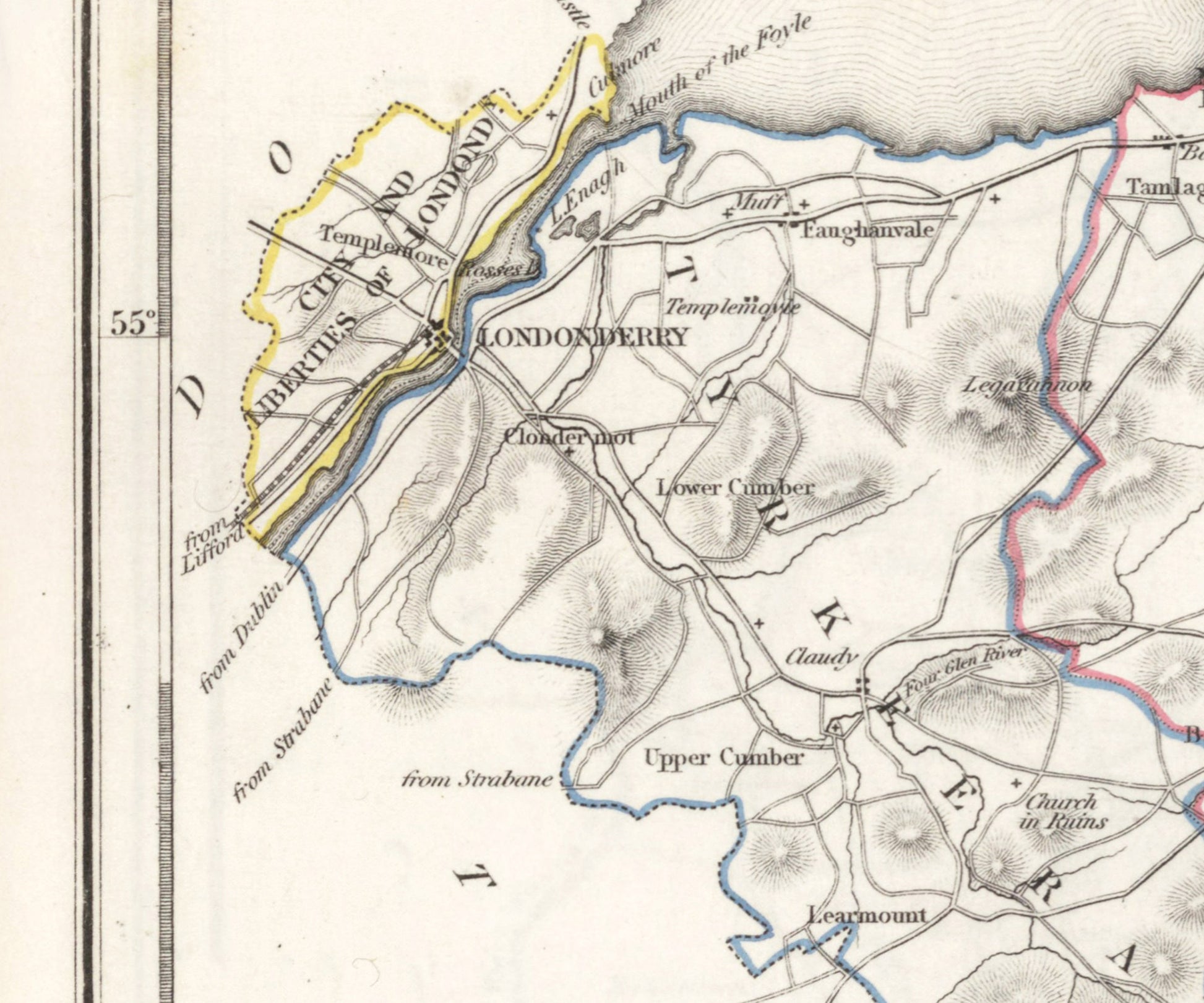 Londonderry Map - Old Antique Reproduction Print of Derry - 1846 - Northern Ireland