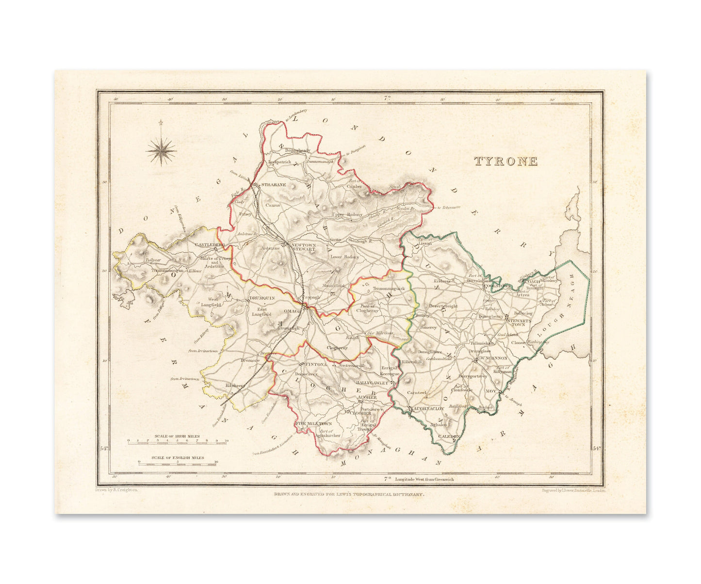 Tyrone Map - Old Antique Reproduction Print of Derry - 1846 - Northern Ireland