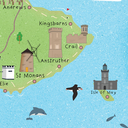 Fife Map | Pictorial Poster | Elie | Culross | Cupar | Falkland | St Andrews | Glenrothes | Crail | Leven | Kirkcaldy | Rosyth | Aberdour