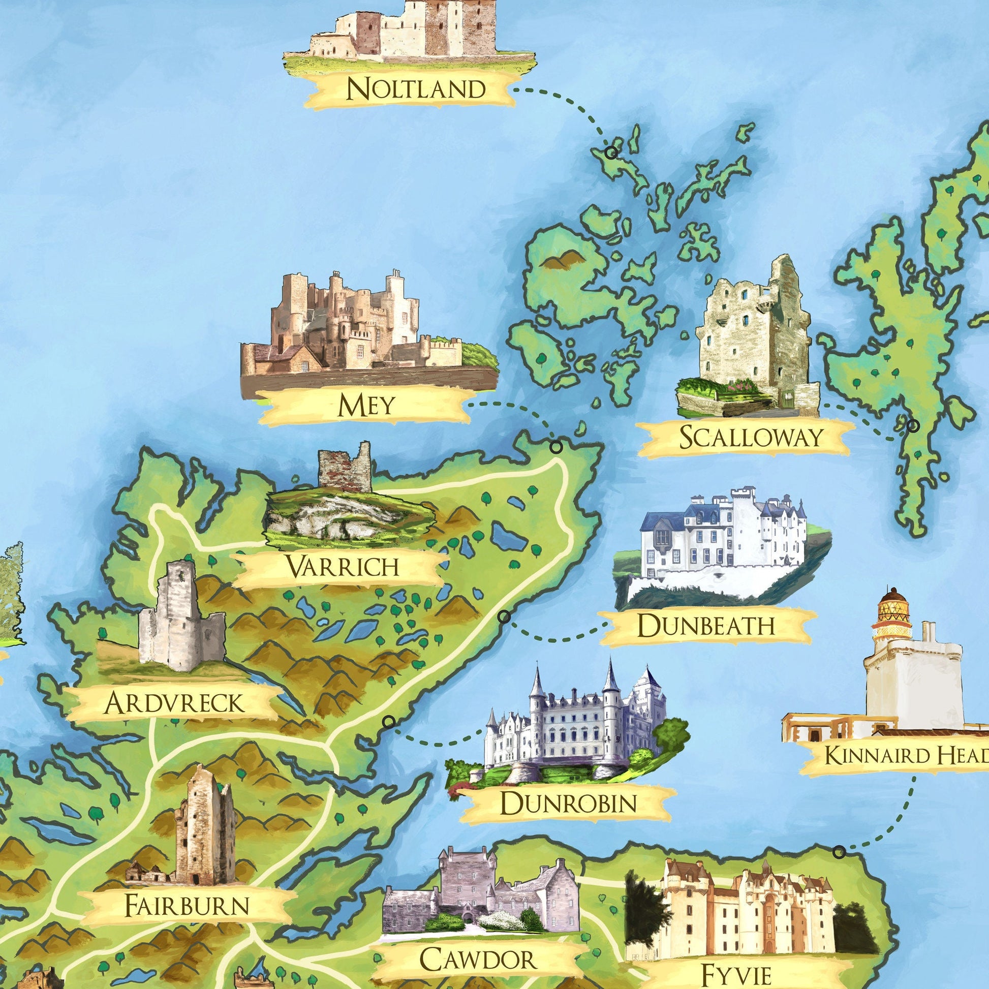 Scottish Castles - Illustrated Map - Scotland Print Poster - Dunnottar - Edinburgh - Dean - Culzean - Inveraray - Stirling - Glamis - Cawdor