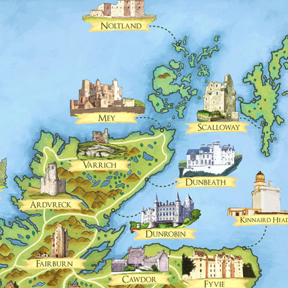 Scottish Castles - Illustrated Map - Scotland Print Poster - Dunnottar - Edinburgh - Dean - Culzean - Inveraray - Stirling - Glamis - Cawdor