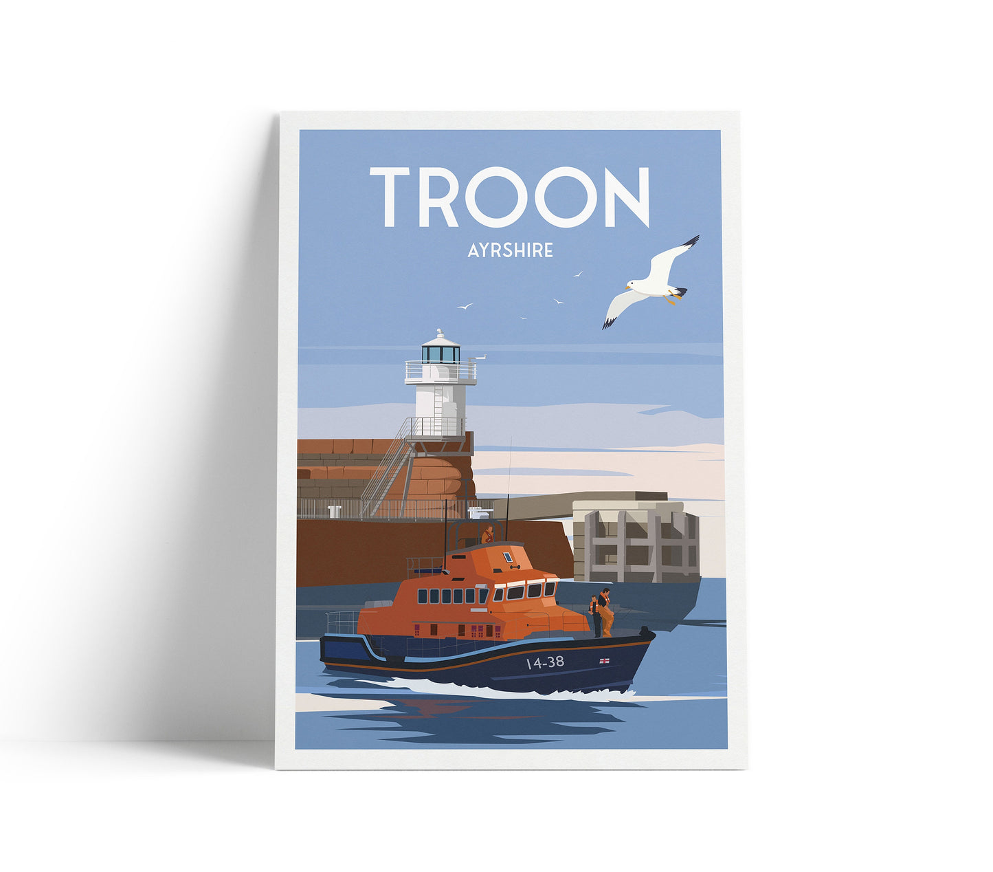 Troon Print - Scotland Travel Poster - Lighthouse - Lifeboat - Ayrshire