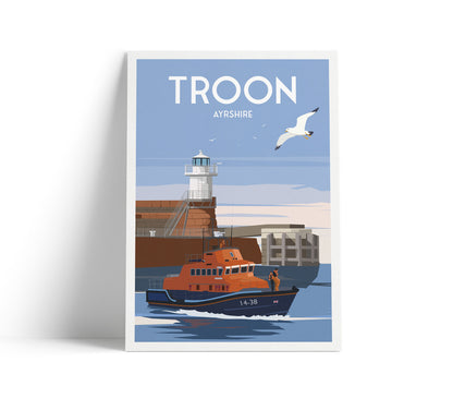 Troon Print - Scotland Travel Poster - Lighthouse - Lifeboat - Ayrshire