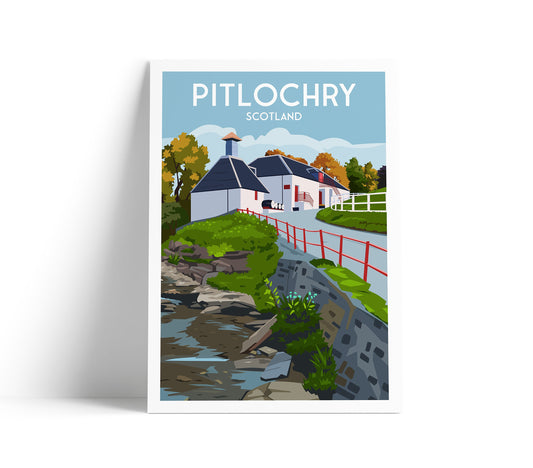 Pitlochry Print - Travel Poster - Scotland - Distillery - Perthshire