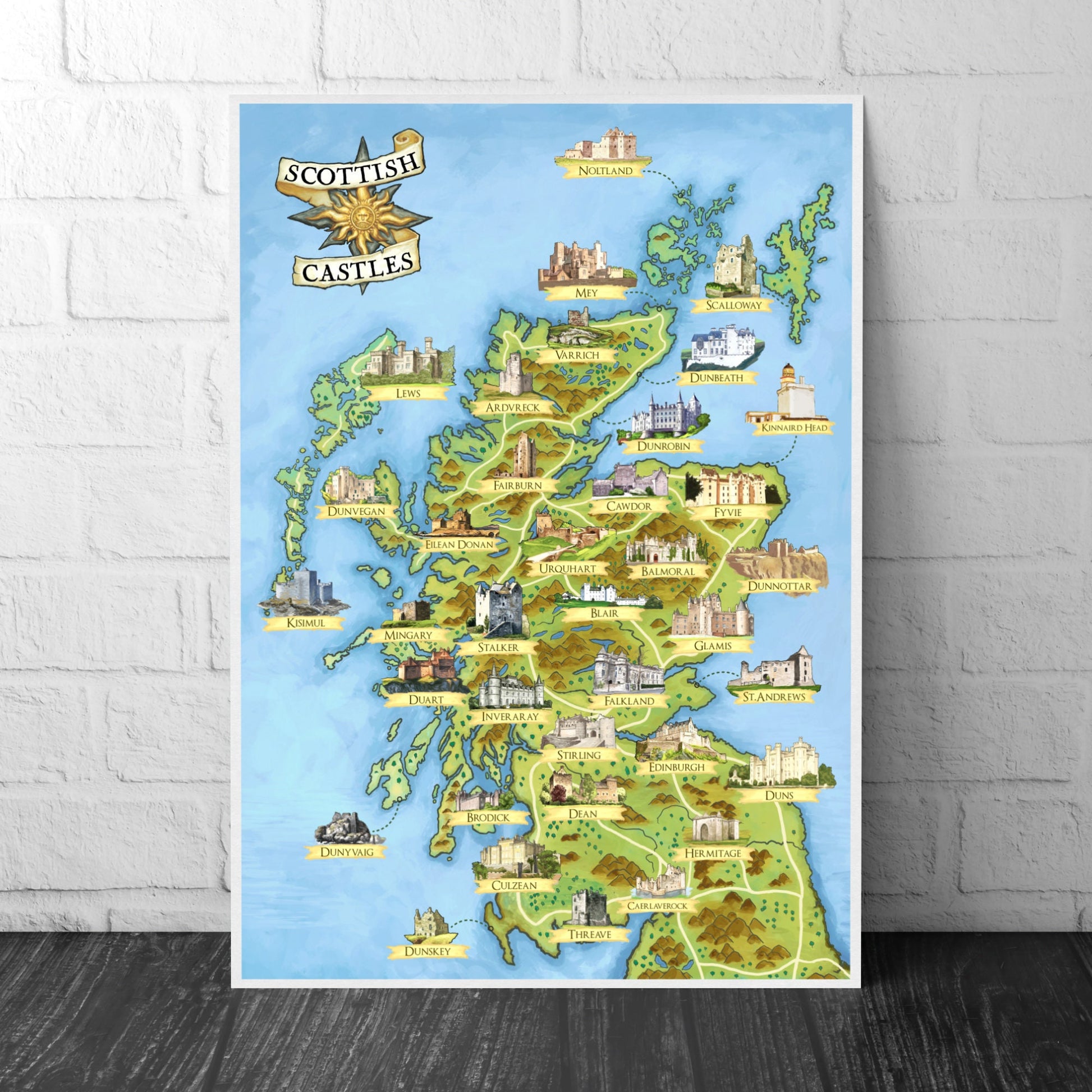 Scottish Castles - Illustrated Map - Scotland Print Poster - Dunnottar - Edinburgh - Dean - Culzean - Inveraray - Stirling - Glamis - Cawdor