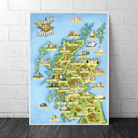 Scottish Castles - Illustrated Map - Scotland Print Poster - Dunnottar - Edinburgh - Dean - Culzean - Inveraray - Stirling - Glamis - Cawdor