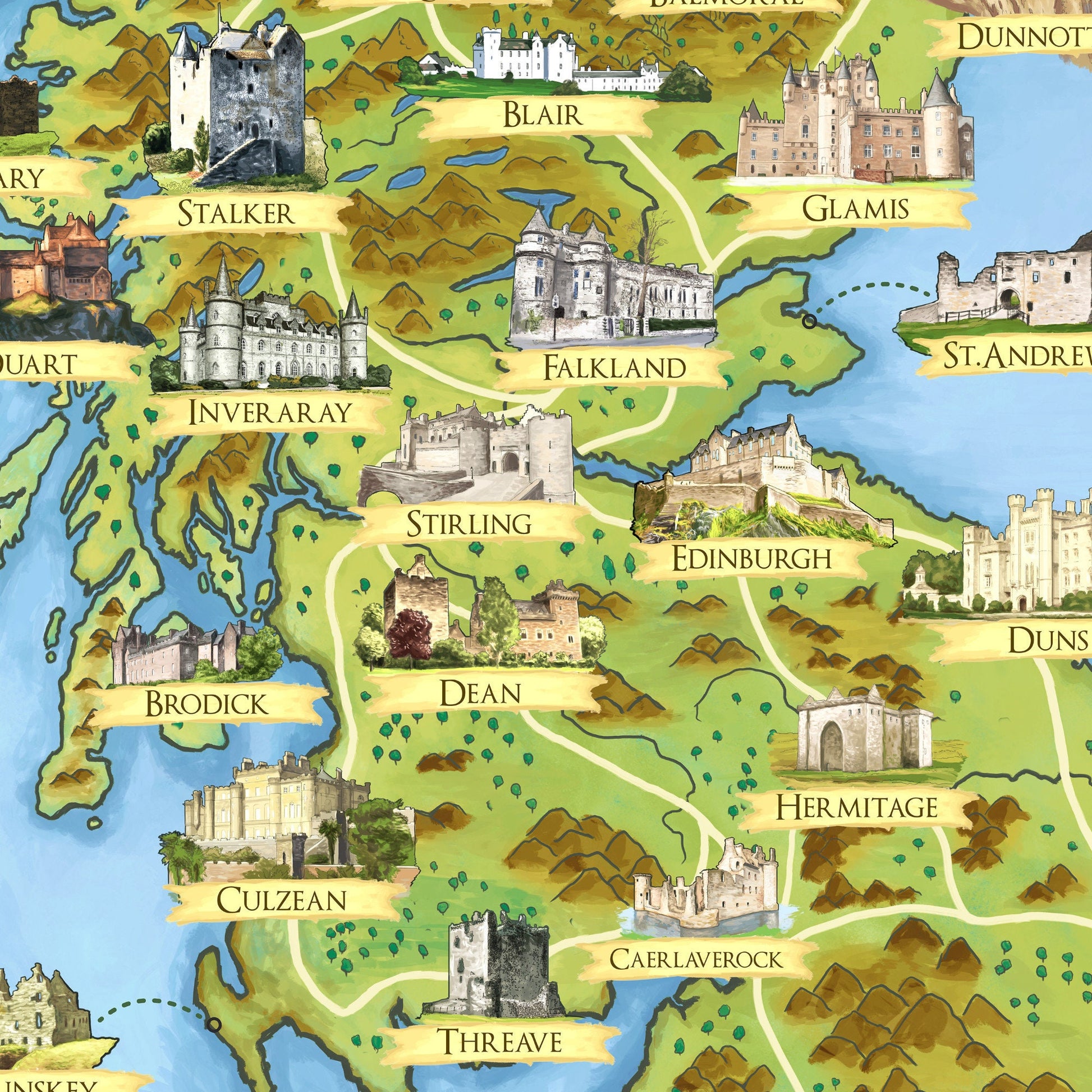 Scottish Castles - Illustrated Map - Scotland Print Poster - Dunnottar - Edinburgh - Dean - Culzean - Inveraray - Stirling - Glamis - Cawdor