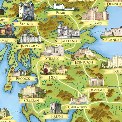 Scottish Castles - Illustrated Map - Scotland Print Poster - Dunnottar - Edinburgh - Dean - Culzean - Inveraray - Stirling - Glamis - Cawdor