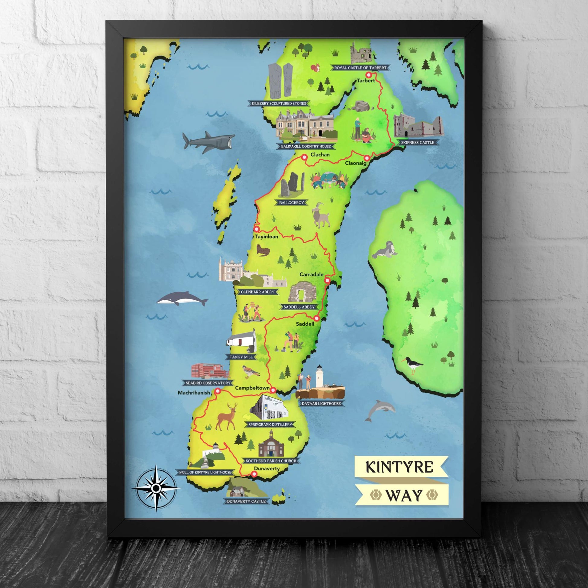 The Kintyre Way Walking Trail – Topographical Map - Scotland Poster Print - Tarbert - Claonaig - Clachan - Machrihanish