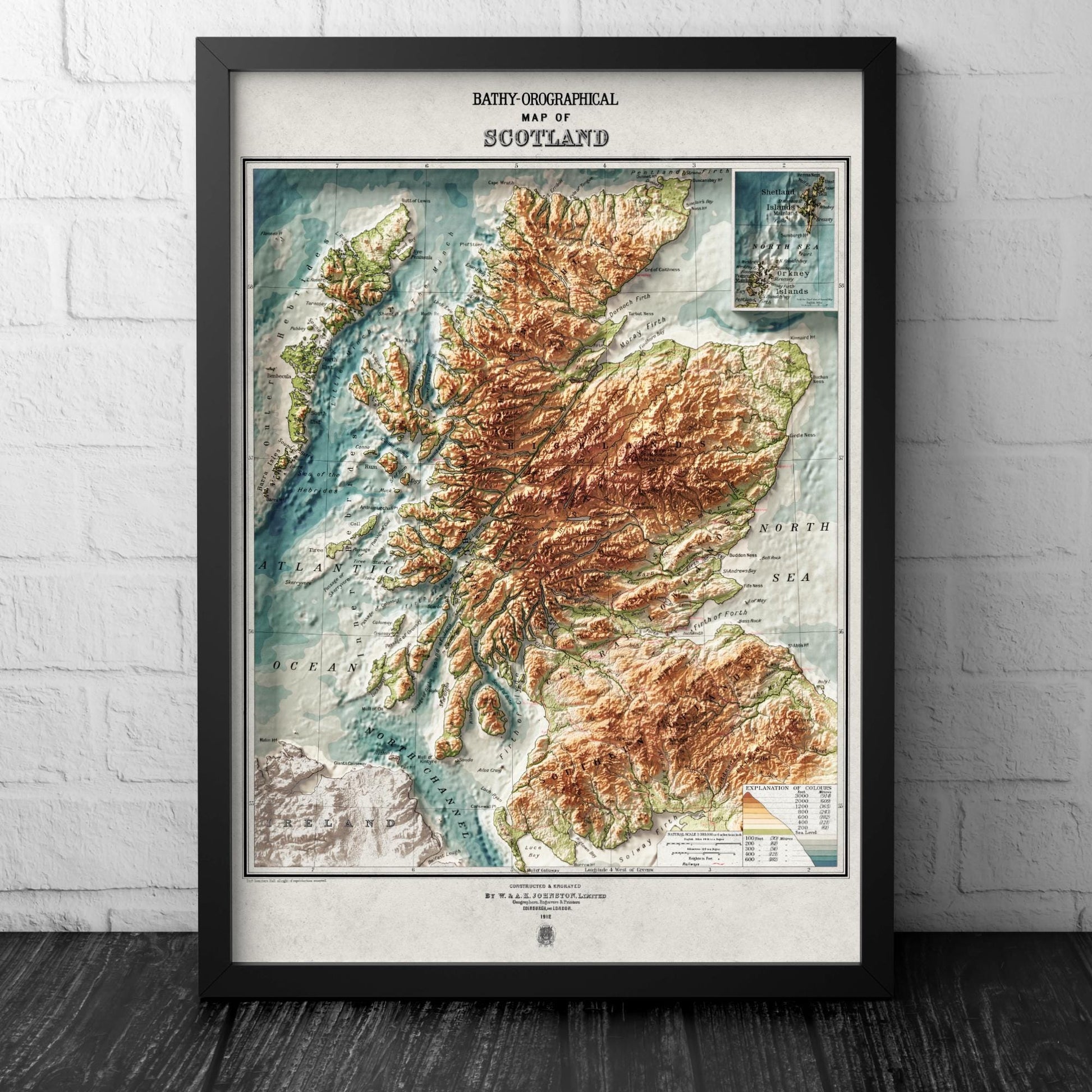 Scotland Bathy-orographical Map - Topographic Print - 1871 - 2D Poster - Geological Map - 1912